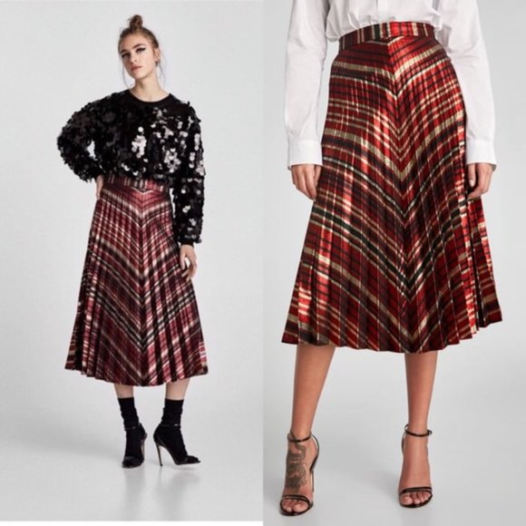 Sz S ZARA Red Black & Gold Metallic Accordian Pleated Striped Lurex Midi Skirt - Picture 5 of 16